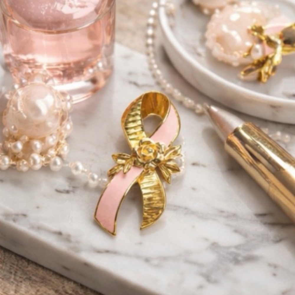Pink Enamel Breast Cancer Awareness Pin Ribbon Rose Avon